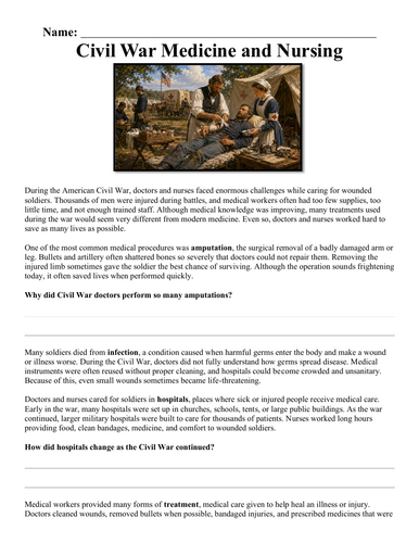 Civil War Medicine and Nursing Worksheet "chunked"
