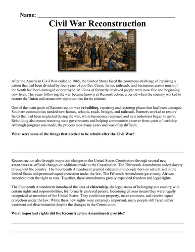 Civil War Reconstruction Worksheet "Chunked"