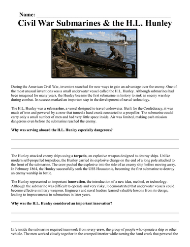 Civil War Submarines & the H.L. Hunley Worksheet "Chunked"