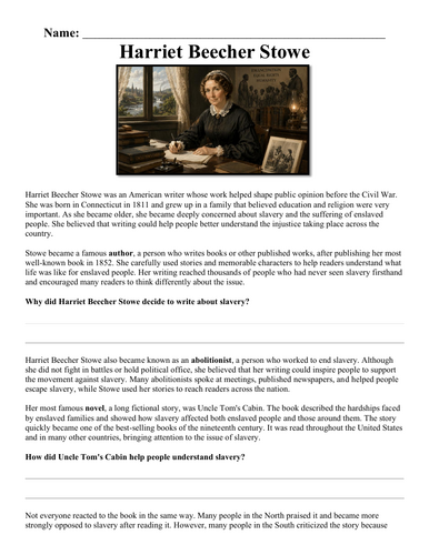 Harriet Beecher Stowe Worksheet "Chunked"