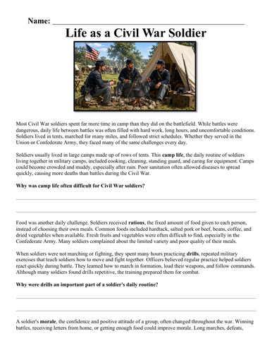 Life as a Civil War Soldier Worksheet "Chunked"