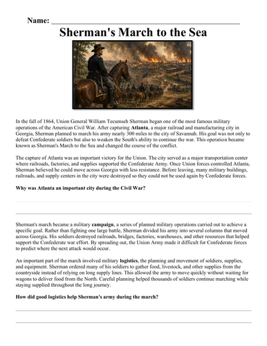 Sherman's March to the Sea Worksheet "Chunked"