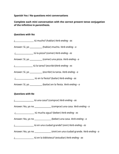 Spanish Yes / No questions mini conversations