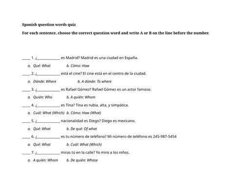 Spanish question words quiz