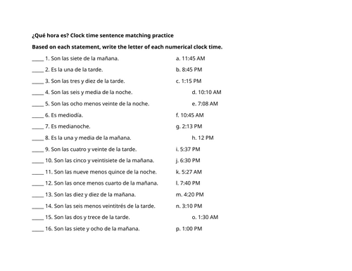 ¿Qué hora es? Clock time sentence matching practice