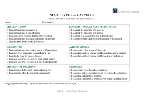 NCEA Level 2 Calculus Study Checklist (Free)