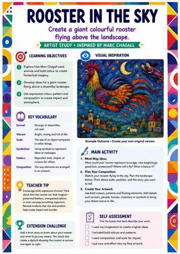 Marc Chagall Art Worksheet – Rooster in the Sky | Animals & Surrealism KS3 KS4