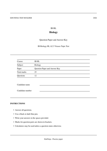 IB Biology HL A2.3 Viruses MCQ Practice
