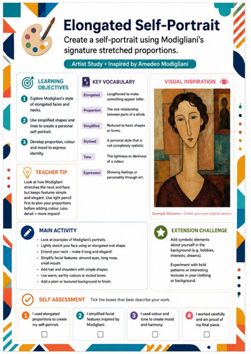 Elongated Self-Portrait – Amedeo Modigliani Artist Study Worksheet | KS3 & KS4 Art