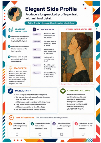 Elegant Side Profile – Amedeo Modigliani Artist Study Worksheet | KS3 & KS4 Art