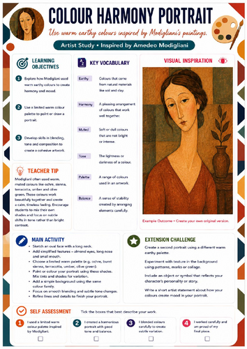 Colour Harmony Portrait – Amedeo Modigliani Artist Study Worksheet | KS3 & KS4 Art