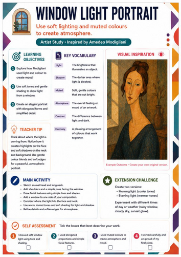 Window Light Portrait – Amedeo Modigliani Artist Study Worksheet | KS3 & KS4 Art