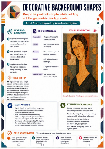 Decorative Background Shapes – Amedeo Modigliani Portrait Worksheet | KS3 & KS4 Art
