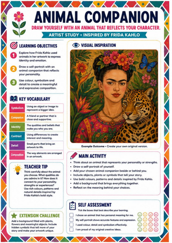 Frida Kahlo Animal Companion Portrait Worksheet | KS3 & KS4 Art