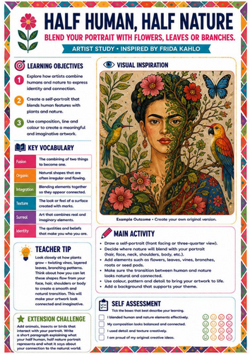 Frida Kahlo Half Human Half Nature Portrait Worksheet | KS3 & KS4 Art