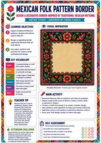 Frida Kahlo Mexican Folk Pattern Border Worksheet | KS3 & KS4 Art