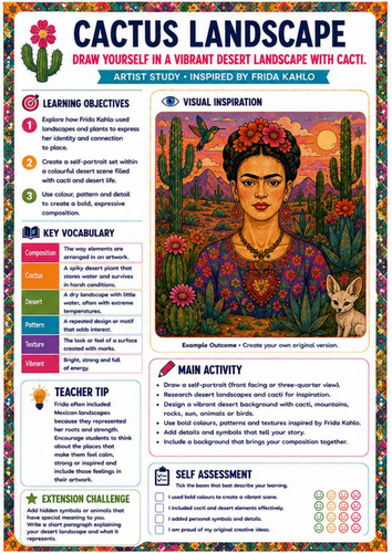 Frida Kahlo Cactus Landscape Art Worksheet | KS3 & KS4 Artist Study