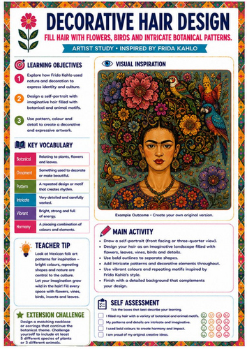Frida Kahlo Decorative Hair Design Worksheet | Botanical Art KS3 KS4