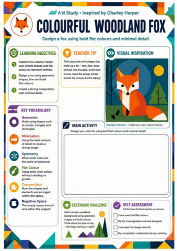 Charley Harper Colourful Woodland Fox Worksheet | Geometric Art | KS3 Art