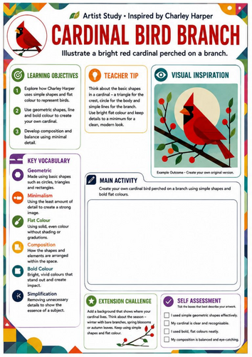 Charley Harper Cardinal Bird Art Worksheet | Shape & Colour | KS3 Art