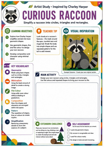Charley Harper Curious Raccoon Art Worksheet | Geometric Animals | KS3 Art