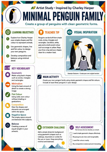 Charley Harper Minimal Penguin Family Worksheet | Geometric Art | KS3