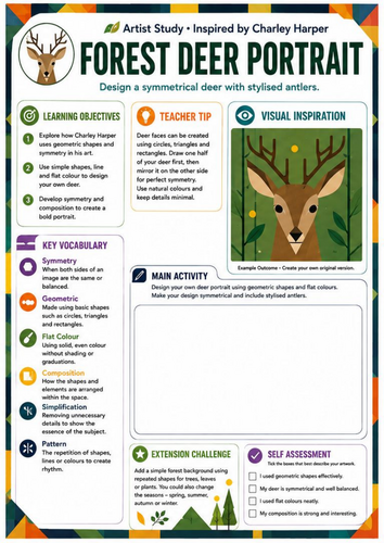 Charley Harper Forest Deer Portrait Worksheet | Symmetry & Shape | KS3 Art