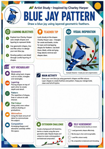 Charley Harper Blue Jay Pattern Worksheet | Geometric Bird Art | KS3 Art