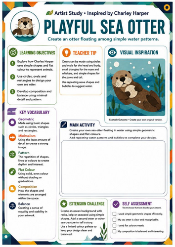 Charley Harper Playful Sea Otter Worksheet | Geometric Animal Art | KS3
