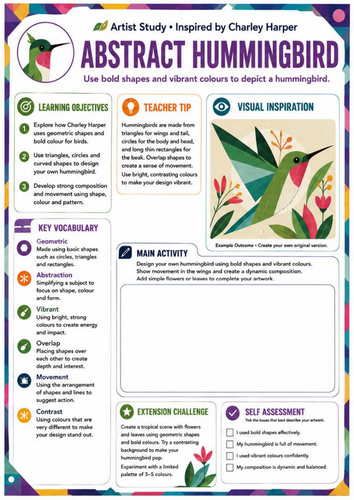 Charley Harper Abstract Hummingbird Worksheet | Shape & Colour | KS3 Art