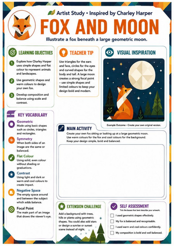 Charley Harper Fox and Moon Art Worksheet | Geometric Composition | KS3 Art