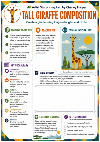 Charley Harper Tall Giraffe Composition Worksheet | Shape & Proportion | KS3 Art