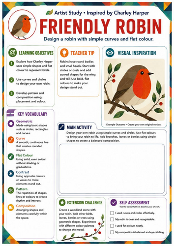 Charley Harper Friendly Robin Worksheet | Geometric Bird Art | KS3 Art