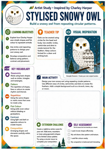Charley Harper Stylised Snowy Owl Worksheet | Pattern & Repetition | KS3 Art
