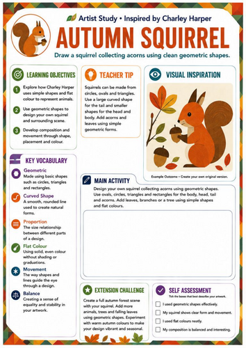 Charley Harper Autumn Squirrel Worksheet | Geometric Animal Art | KS3 Art