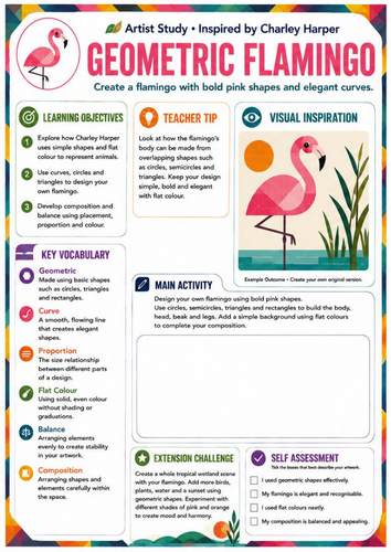 Charley Harper Geometric Flamingo Worksheet | Shape, Colour & Balance | KS3 Art