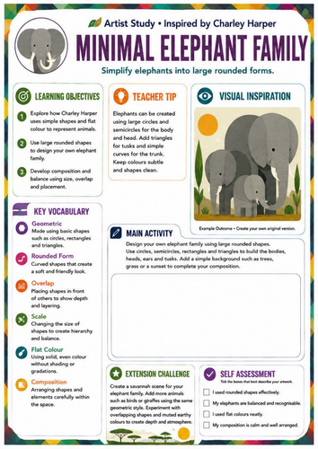 Charley Harper Minimal Elephant Family Worksheet | Shape & Scale | KS3 Art