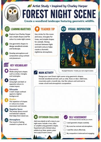 Charley Harper Forest Night Scene Worksheet | Geometric Wildlife | KS3 Art