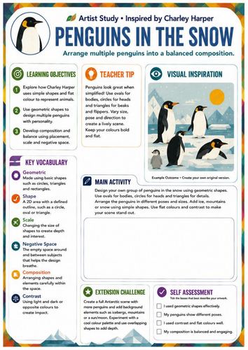 Charley Harper Penguins in the Snow Worksheet | Composition & Shape | KS3 Art