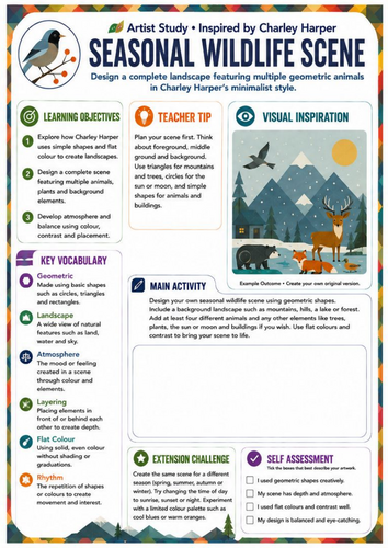 Charley Harper Seasonal Wildlife Scene Worksheet | Geometric Landscape | KS3 Art