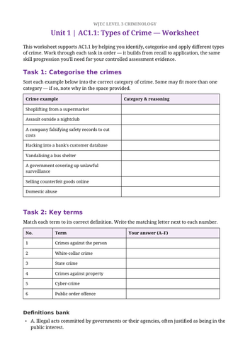 WJEC Level 3 Criminology | Unit 1: AC1.1 Types of Crime  FREE Workshee