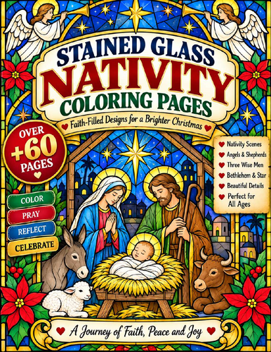 Stained Glass Nativity Coloring Pages, Christian Christmas Printable Coloring Book, PDF Download