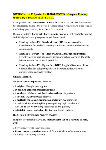 IB Spanish Globalización reading & vocab pack with vocab tests & quizlets