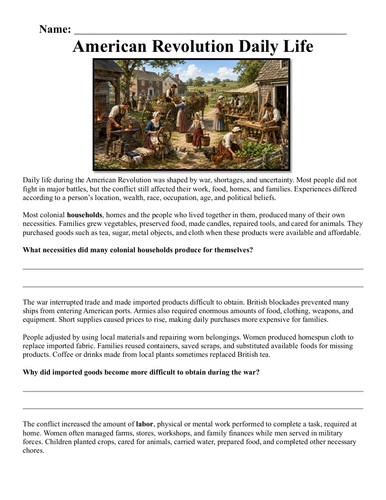 American Revolution Daily Life Assignment "Chunked"