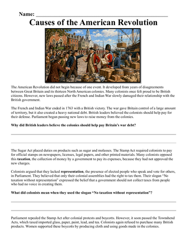 Causes of the American Revolution Assignment "Chunked"