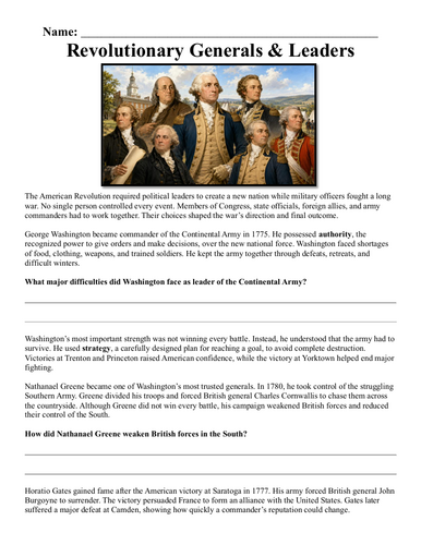 Revolutionary Generals & Leaders Assignment "Chunked"