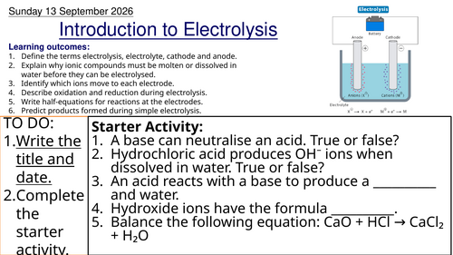 L2 Introduction to Electrolysis (Unit 5 Chemistry BTEC Applied Science)