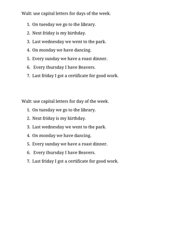 capital letters for days of the week worksheet resource