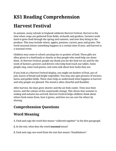 Harvest Festival KS1 Reading Comprehension | Year 1 & Year 2