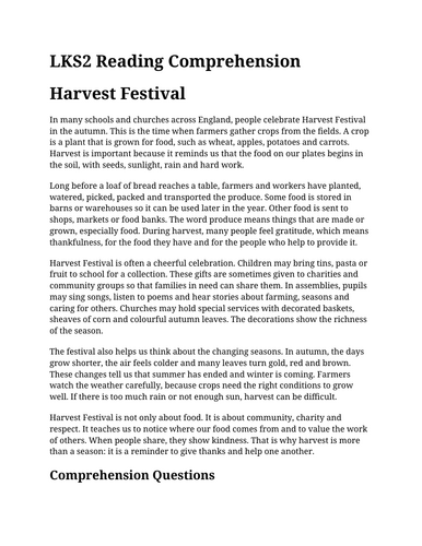 Harvest Festival LKS2 Reading Comprehension | Year 3 & Year 4